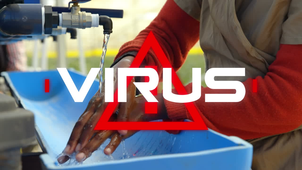 signo de atención con texto de virus contra la mujer lavándose las manos