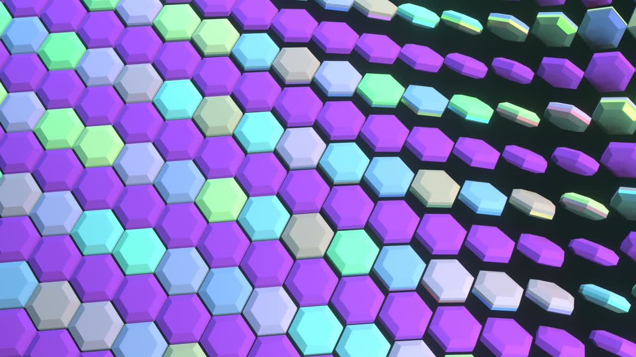 bloques de hexágono artísticos y coloridos, efectos de transición, volando y cerrándose entre sí.