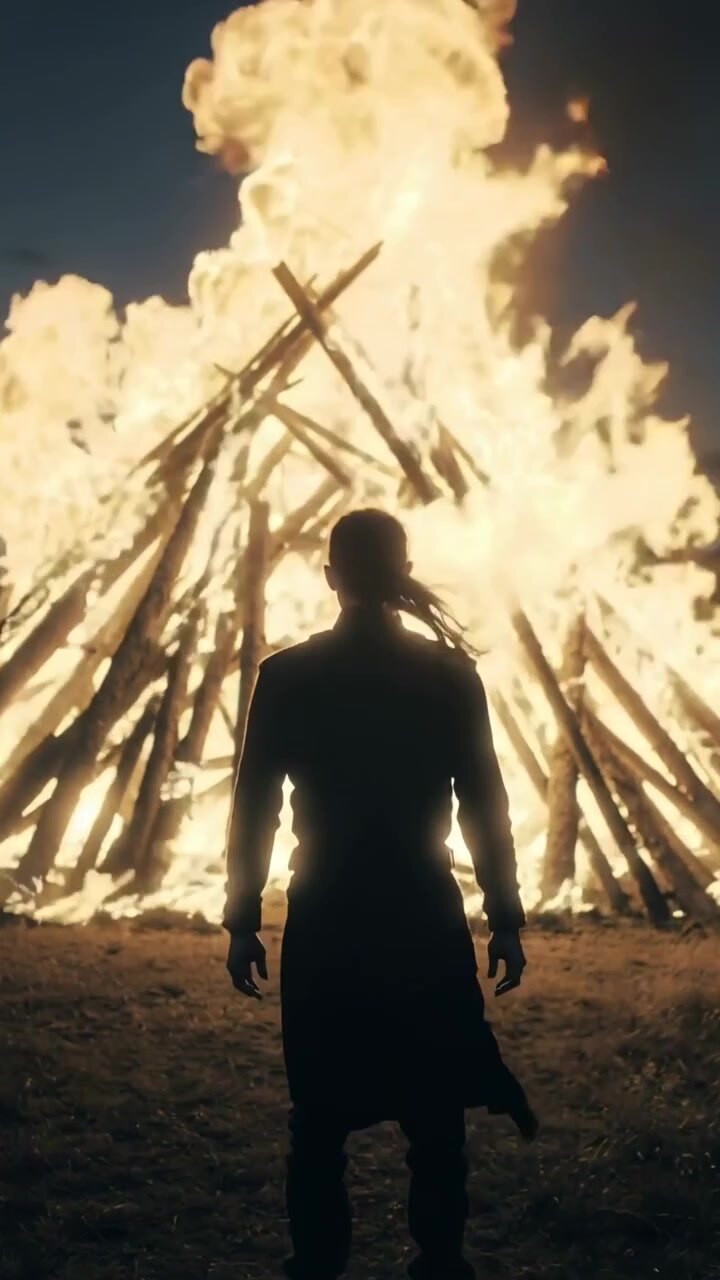 Video verticale: Persona in piedi che guarda un fuoco in un teepee in un campo di notte, con le fiamme che muovono il cappotto e i capelli.