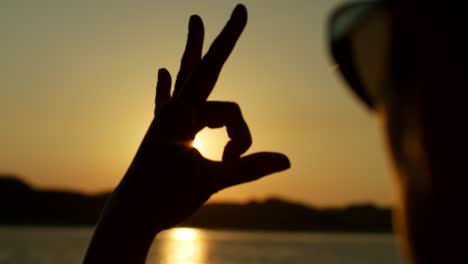 silhouette of woman making shapes with hands against sun