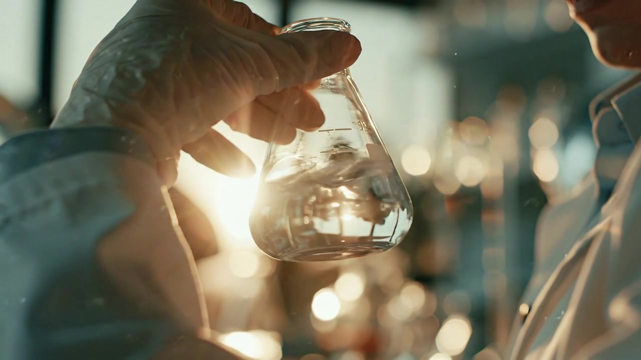 Scientist Holding Erlenmeyer Flask with Liquid in Laboratory