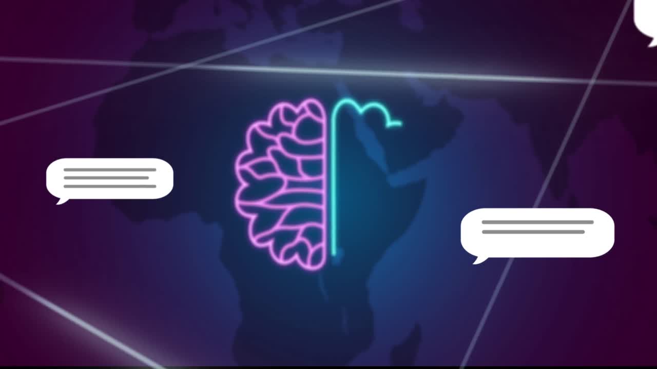 Animazione di chat AI e elaborazione dati su cervello umano e mappa mondiale