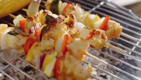 delicious chicken and vegetable kabobs on grill