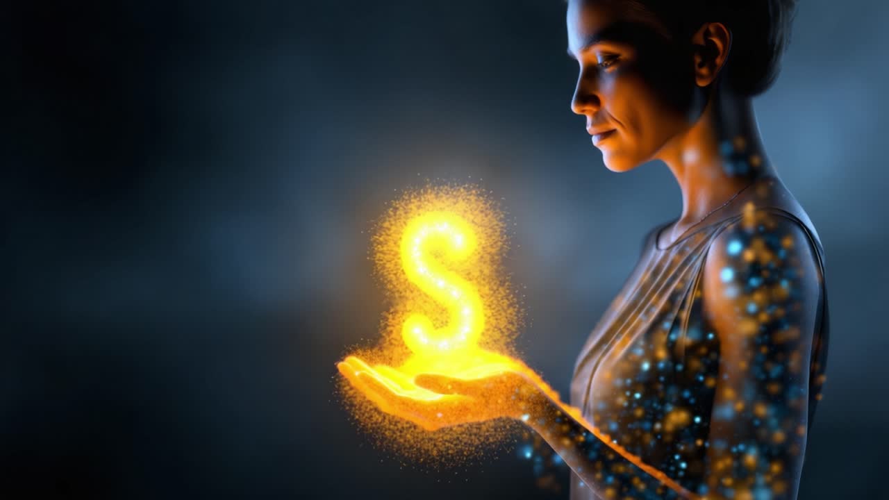 Sebuah adegan menawan seorang wanita yang memegang energi berkilauan di tangannya, melambangkan kekayaan dan kreativitas dengan tanda dolar yang bersinar muncul dari telapak tangannya