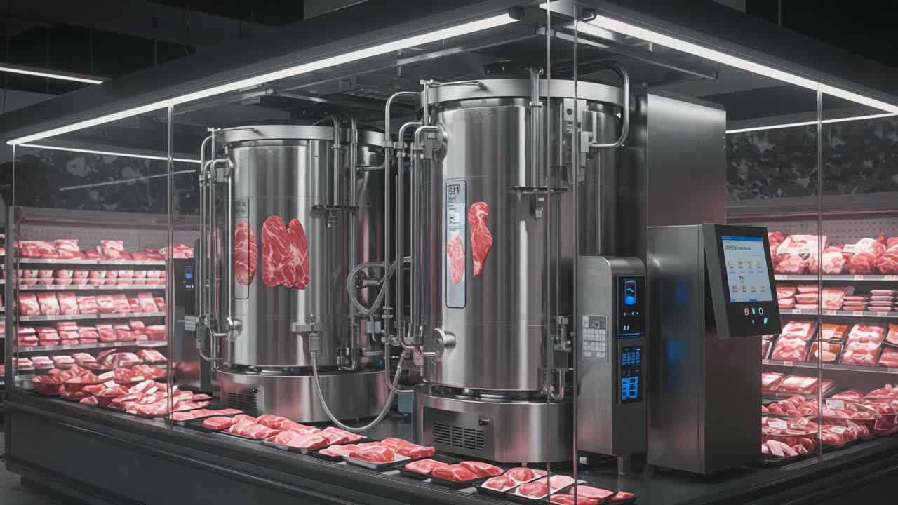 High-Tech Meat Display with Refrigeration Units Showcasing Cuts of Beef in a Modern Retail Environment