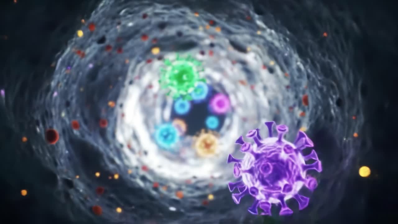Microscopic View of Viruses in a Cellular Environment: Explore the Intricate Details and Dynamics of Viral Structures Moving Through a Cellular Network