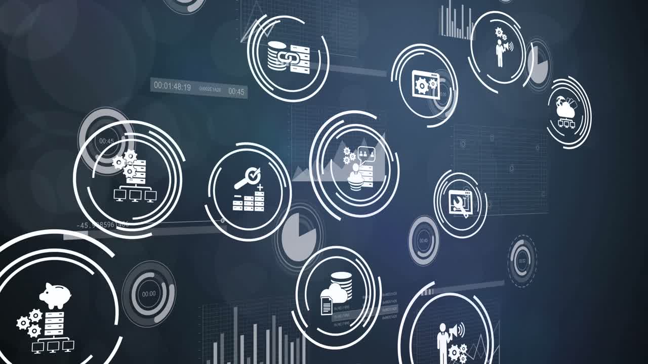 Animation of icons and data processing on black background
