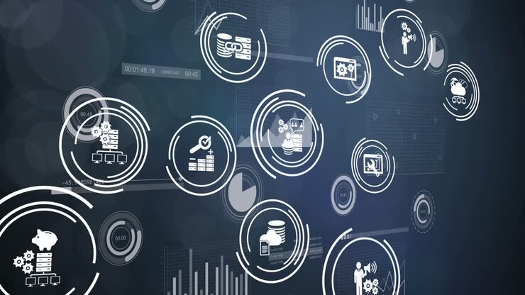 Animazione di icone ed elaborazione dati su sfondo nero