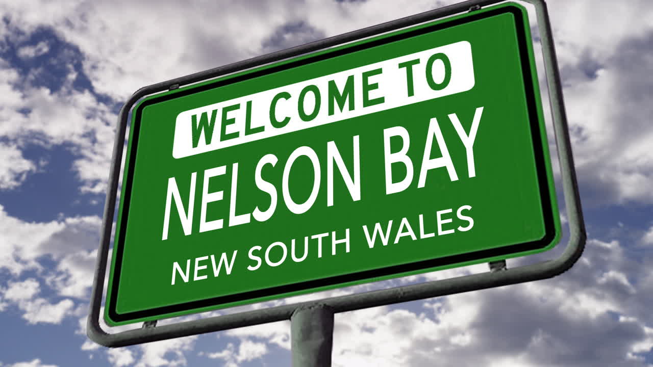 bienvenido a nelson bay, nueva gales del sur, australia, señal de carretera de la ciudad, animación 3d realista