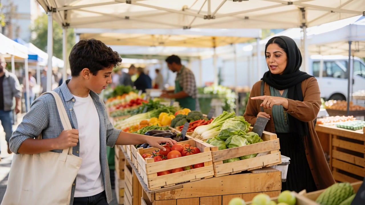 Aproximação de um adolescente com uma sacola de lona escolhendo tomates para comprar em um mercado, com uma vendedora de hijab orientando