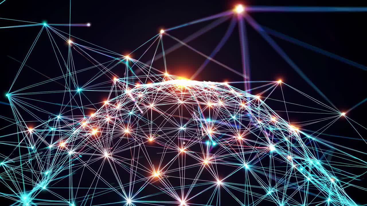 Dynamic network of glowing lines and nodes forming a dome shape. Captured from a low angle