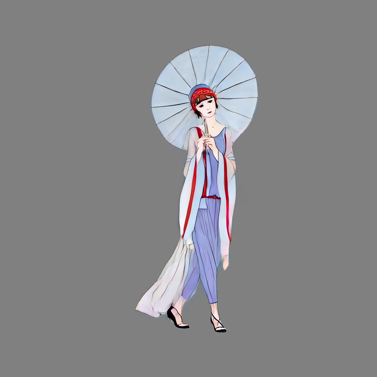 Animazione "Donna con parasole" di George Barbier, risorsa isolata, video 4K trasparente, canale alfa
