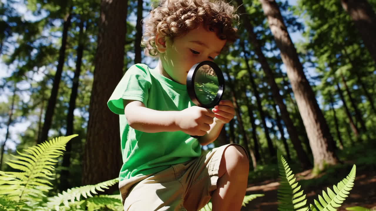 A Curious Child Explores Nature with a Magnifying Glass in the Forest