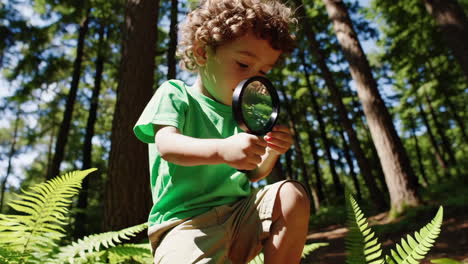 a curious child explores nature with a magnifying glass in the forest