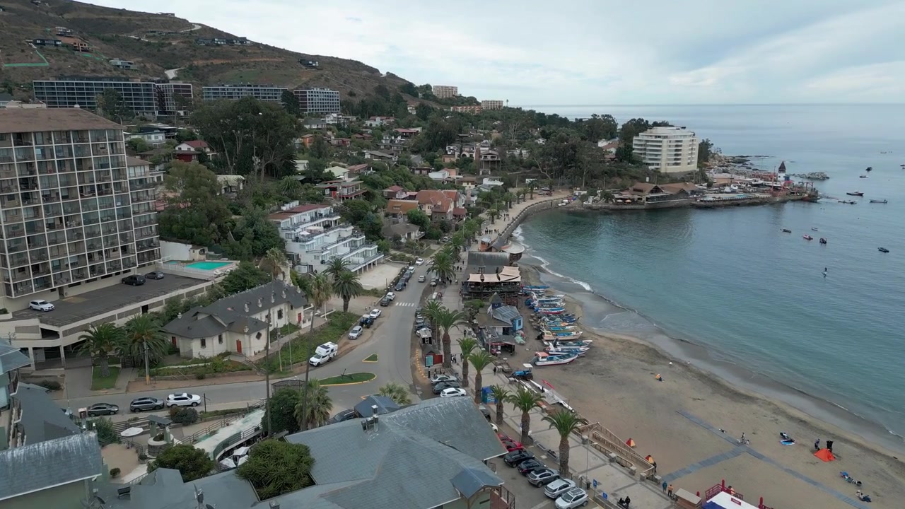 Voo baixo e avançado passando por edifícios de apartamentos à beira-mar, revelando praia de areia, calçadão com palmeiras, barcos de pesca e baía calma ao longe. Papudo, Chile