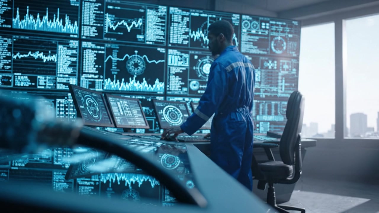 A technician in a blue jumpsuit analyzes complex data on multiple screens, surrounded by advanced technology, showcasing a modern control room environment.