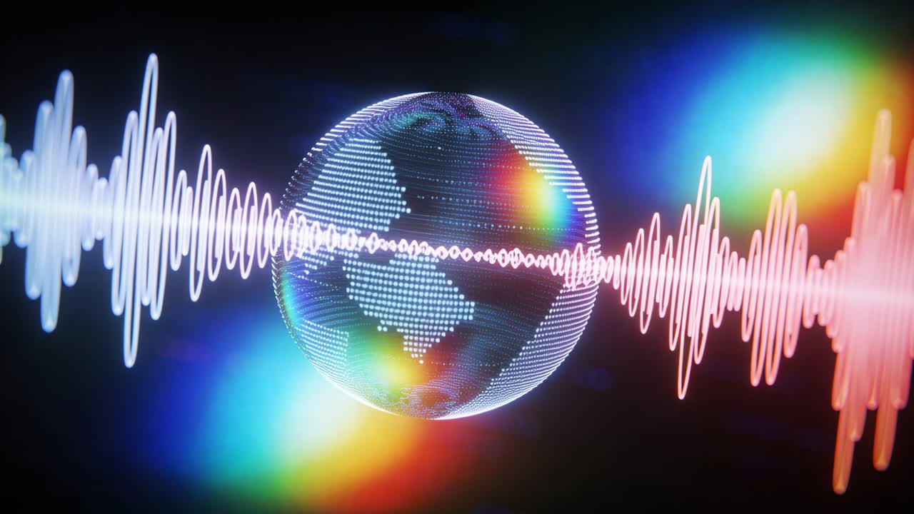 Indkommende bølgeform krydser prikket globus, visualiserer lyd i mørkt rum og skaber pulserende glimt.