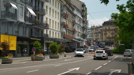 sunny day time montreux city center famous traffic street bay slow motion panorama 4k switzerland