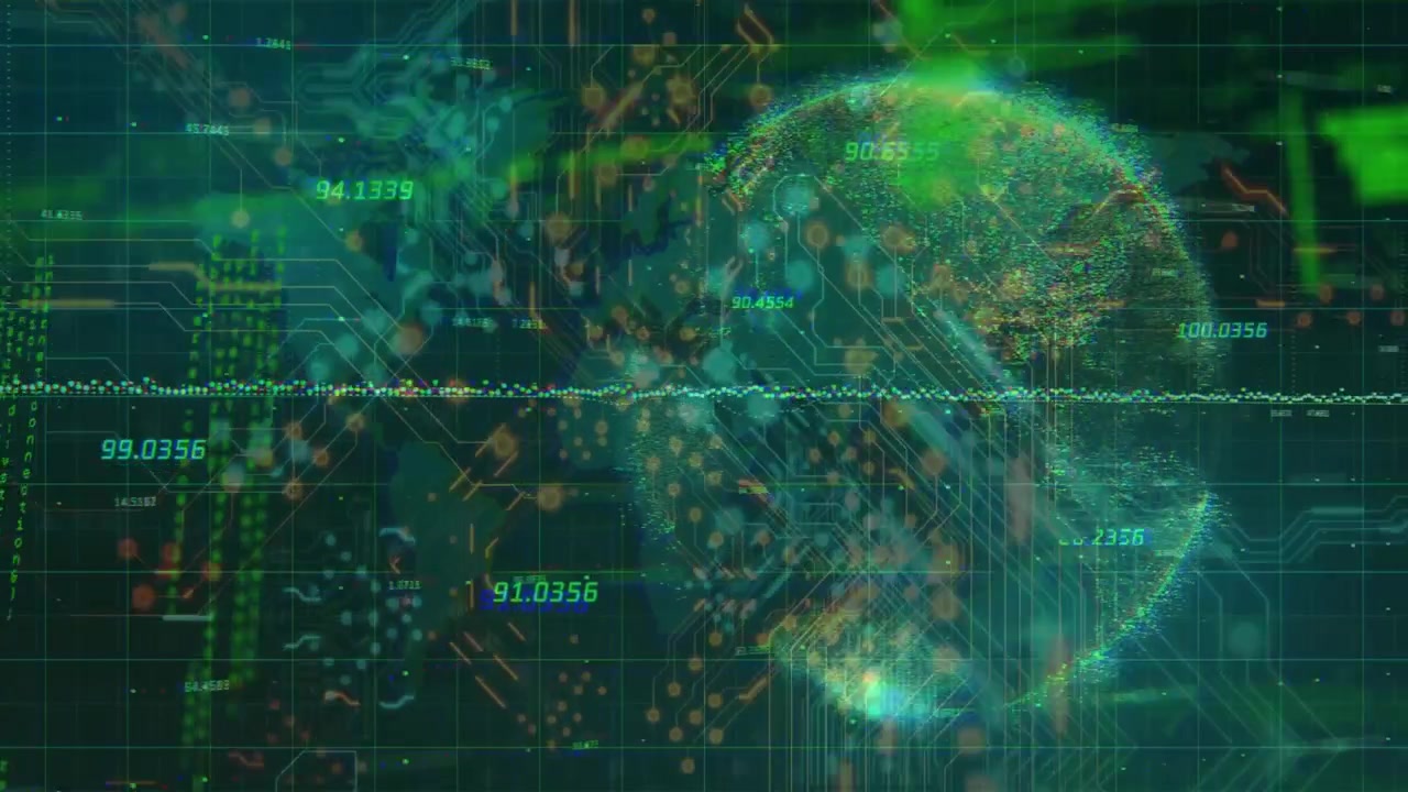 On startup waveform extending over grid, readouts pulsing before globe emerging visualizing data