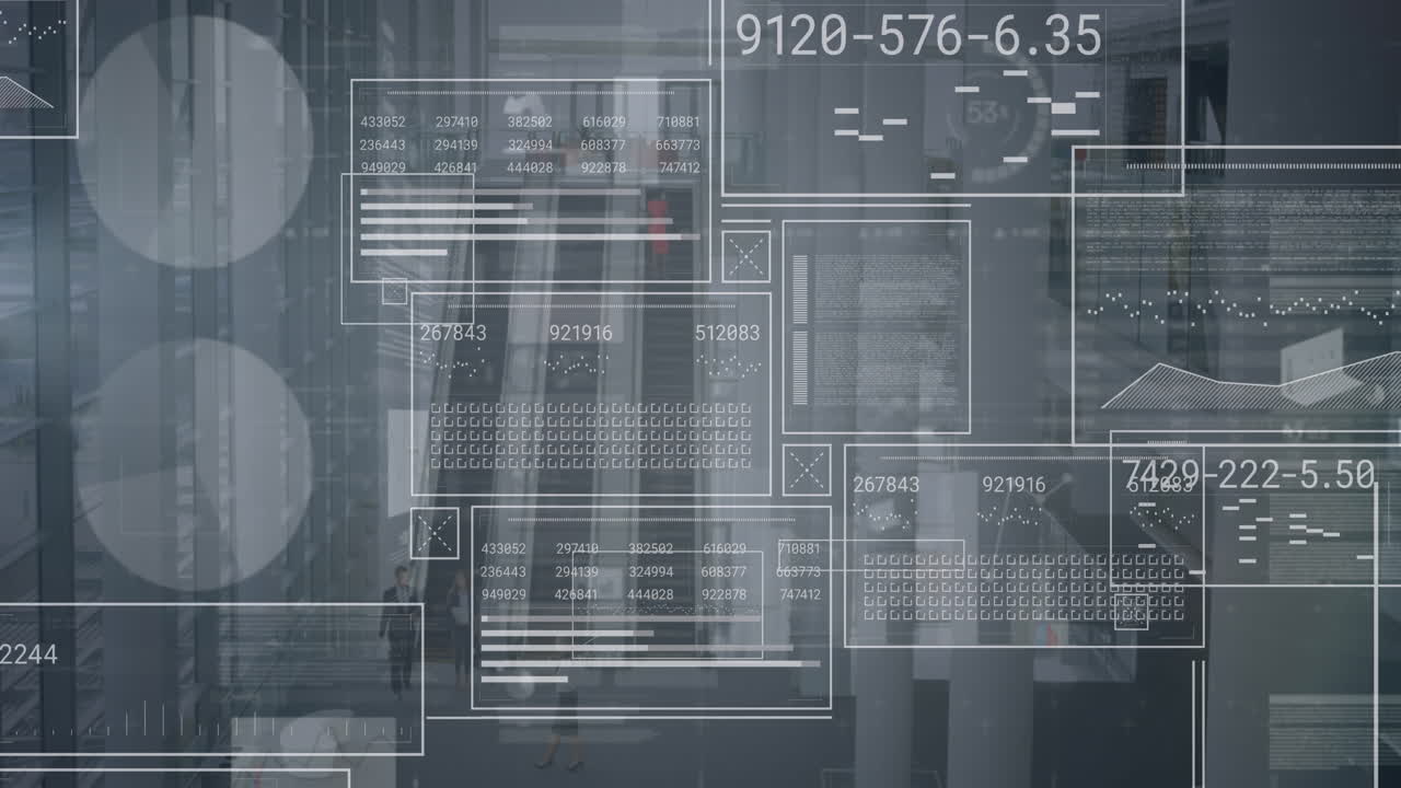 Animation of interface with statistical data processing over aerial view of escalator at office