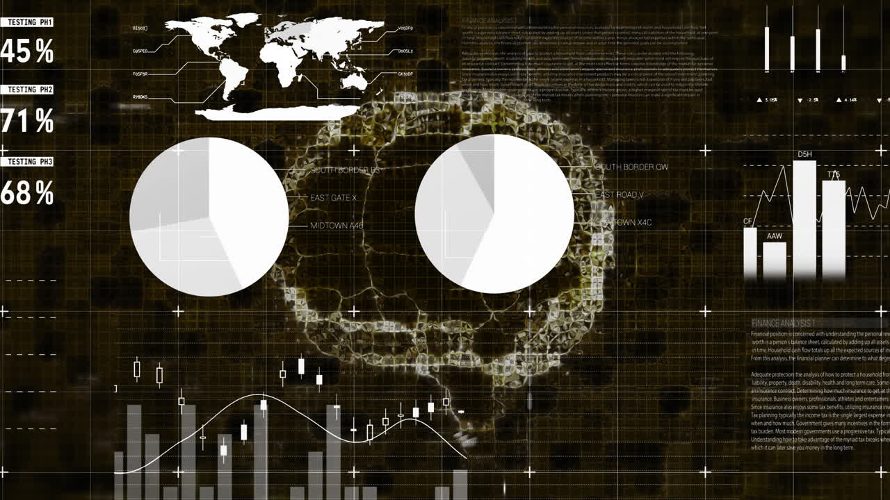 animación del procesamiento de datos estadísticos sobre el cerebro humano girando contra un fondo negro