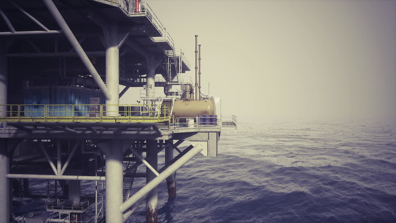 Solopgangen bader dækket på en olieplatform, mens arbejdere forbereder sig på et rutineskift.
