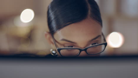 Indian-woman,-face-and-working-night-at-office