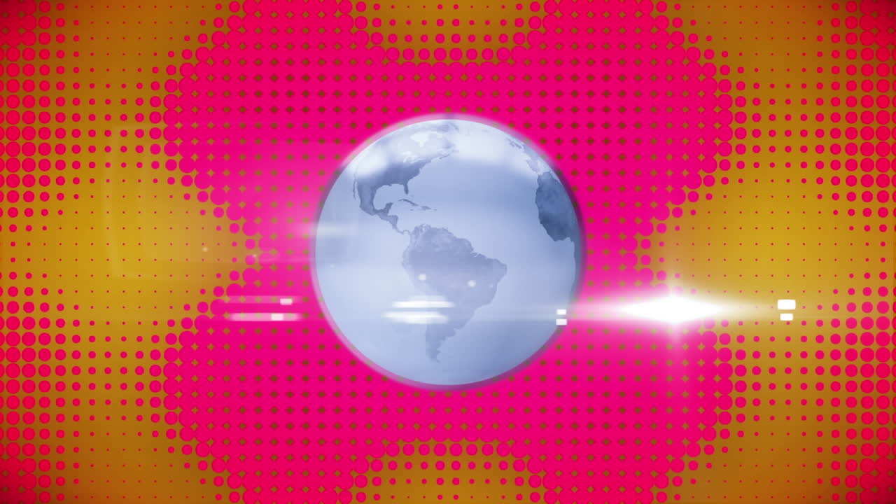 Animation of globe spinning over pink and yellow pattern background