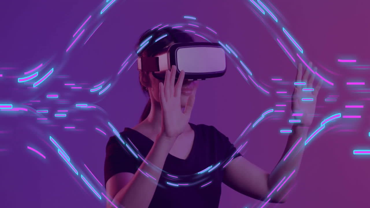 Animation of purple shapes moving over caucasian woman using vr headset