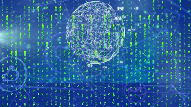 Animation of network of connections with icons and data processing over blue background