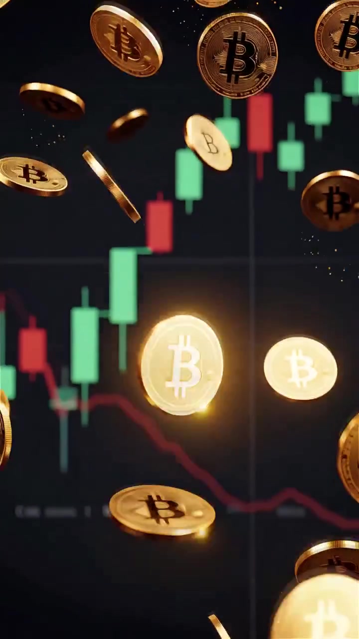 Moedas de Bitcoin douradas com fundo de gráfico de velas desfocado 4K