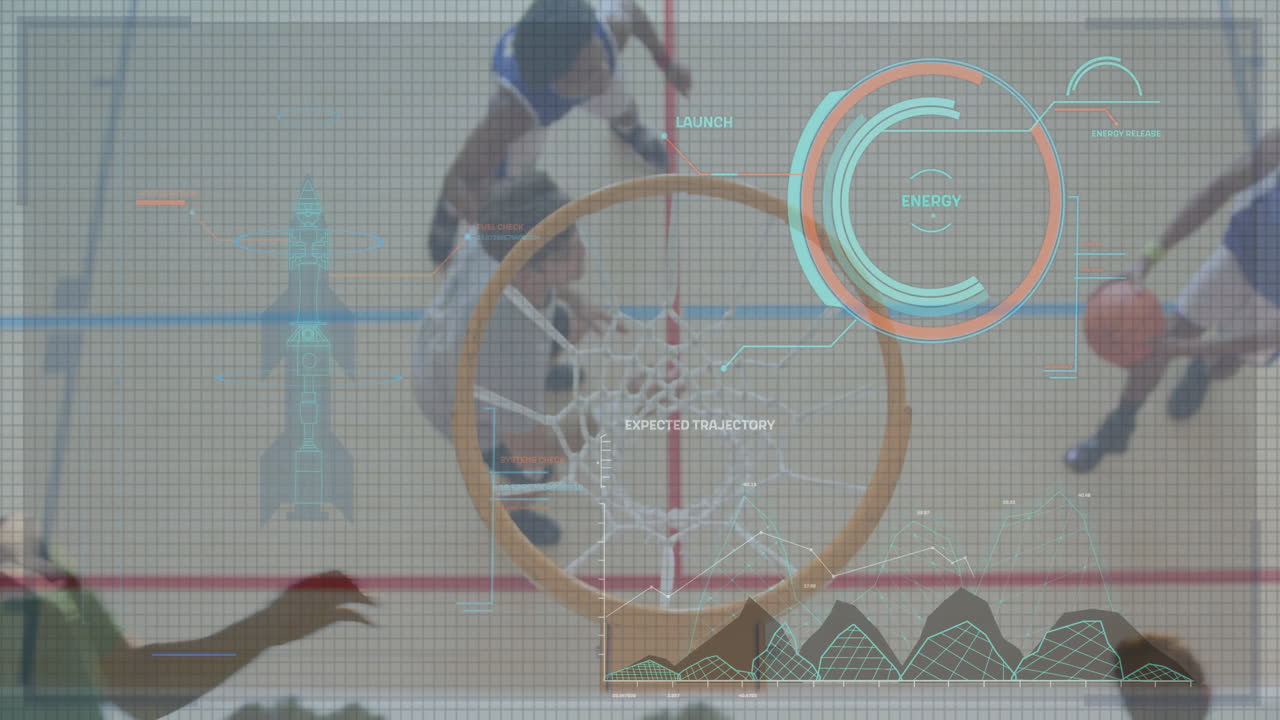 Basketball players in action with data analytics and trajectory animation overlay