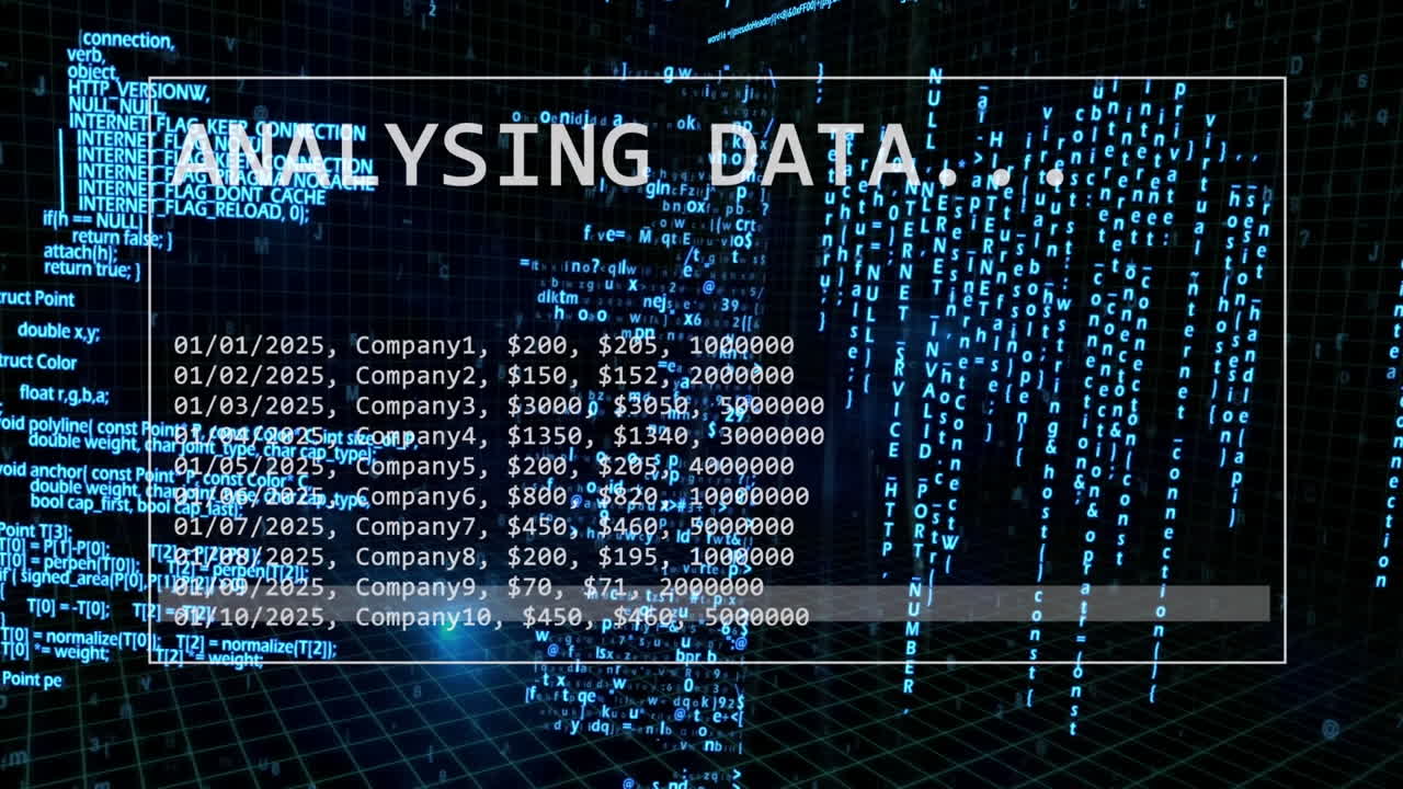 Animation of financial data processing over screen background