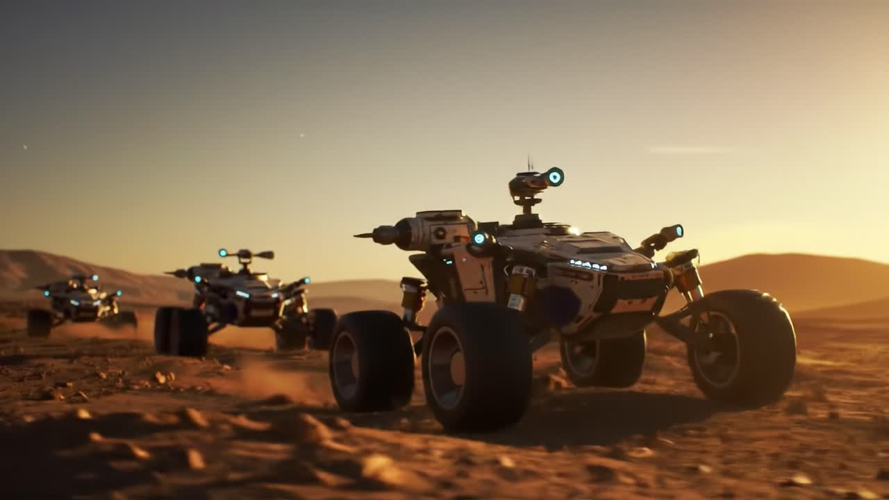 Autonomous rovers navigate the rugged terrain of an alien landscape as the sun sets, highlighting their advanced technology and exploration goals.
