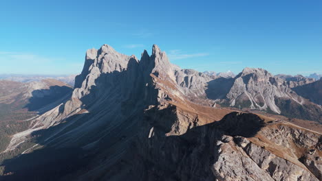 dramatic seceda ridgeline in puez-odle nature park in dolomites. autumn aerial