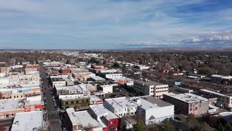 drone shot of idaho falls downtown on a busy day in the fall