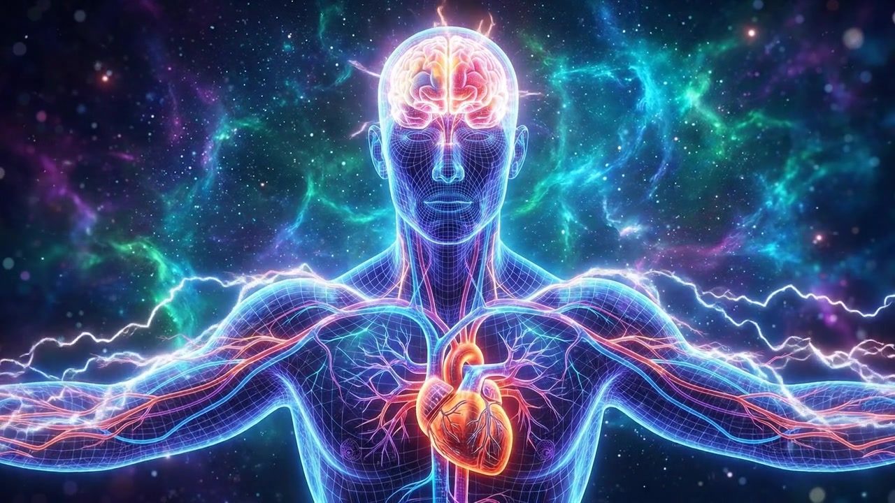 Anatomia umana digitale con cervello e cuore luminosi