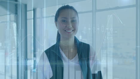 Animation-of-data-processing-over-biracial-businesswoman-smiling