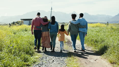 walking, back and people on a farm on a field path