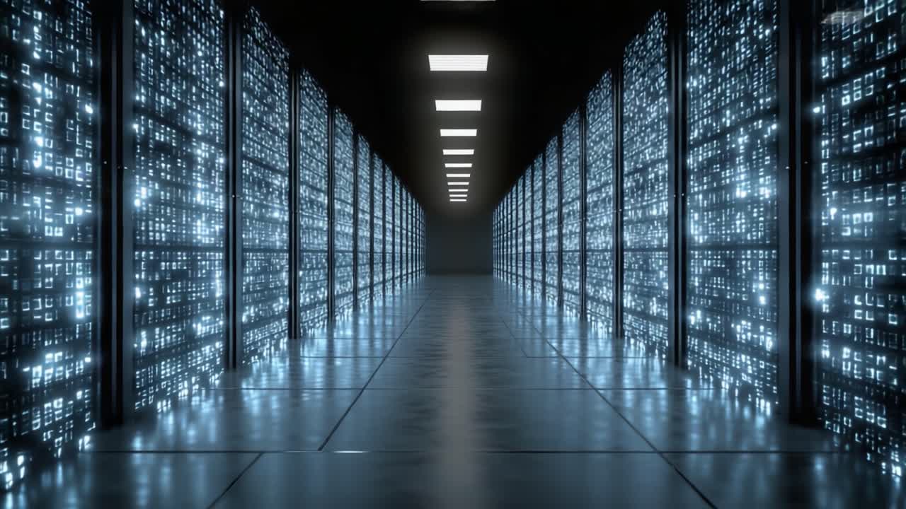 En højteknologisk datacentralkorridor, der viser rækker af oplyste serverracks, og fremhæver moderne datalagringskapacitet og avanceret teknologiinfrastruktur