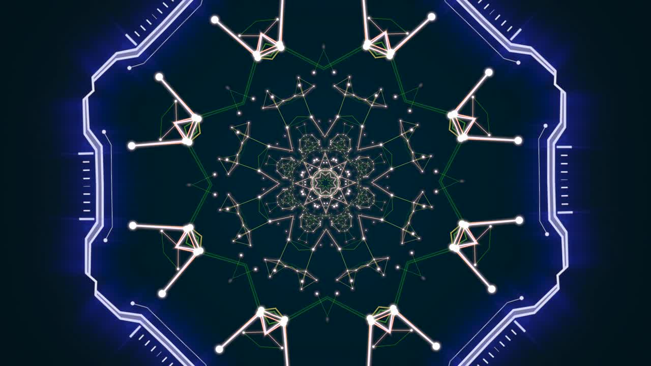 검은색 배경의 4k 비디오와 다채로운 원과 입자가 터널을 형성합니다.