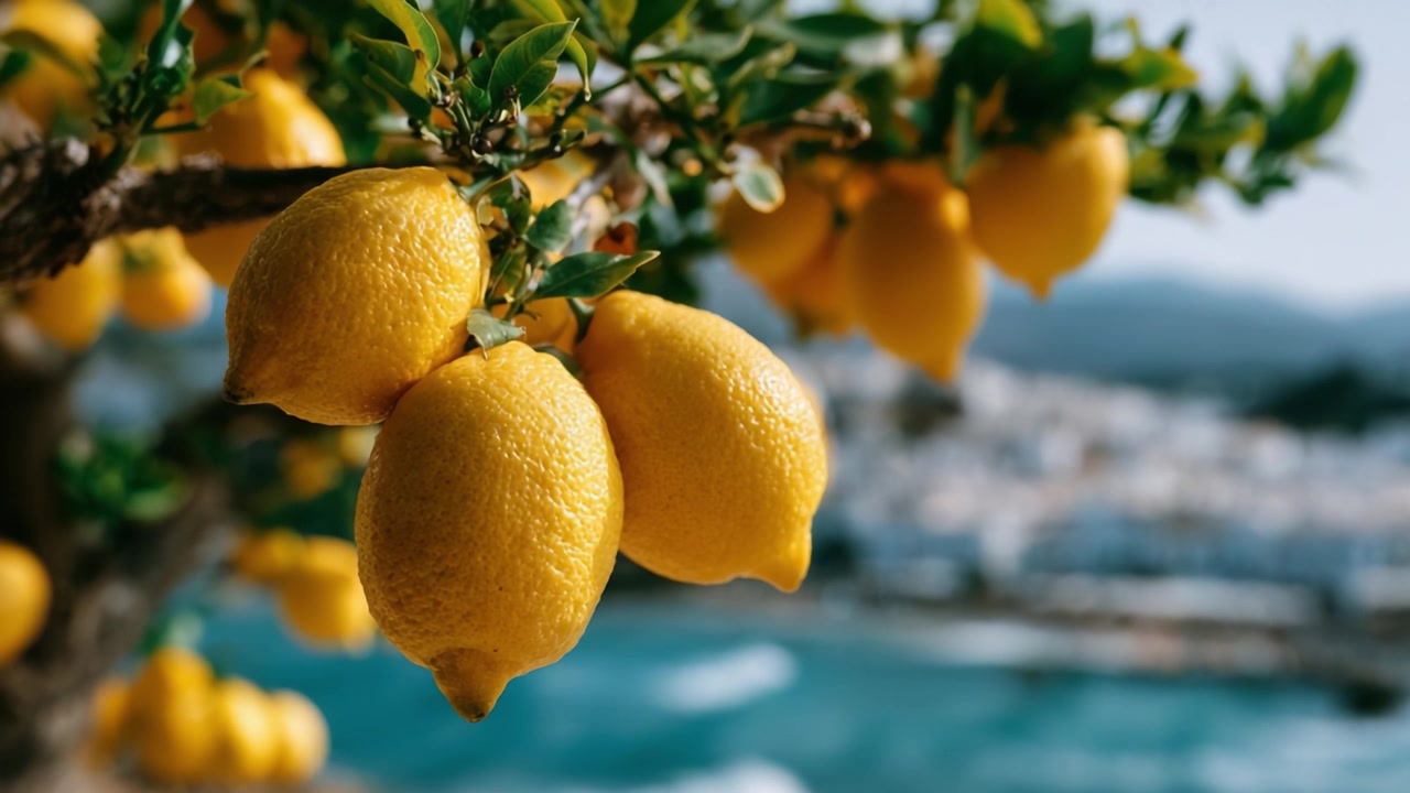 Una vivace esposizione di limoni maturi appesi a un albero, con uno splendido sfondo costiero, che cattura la freschezza e la succosità del raccolto della natura
