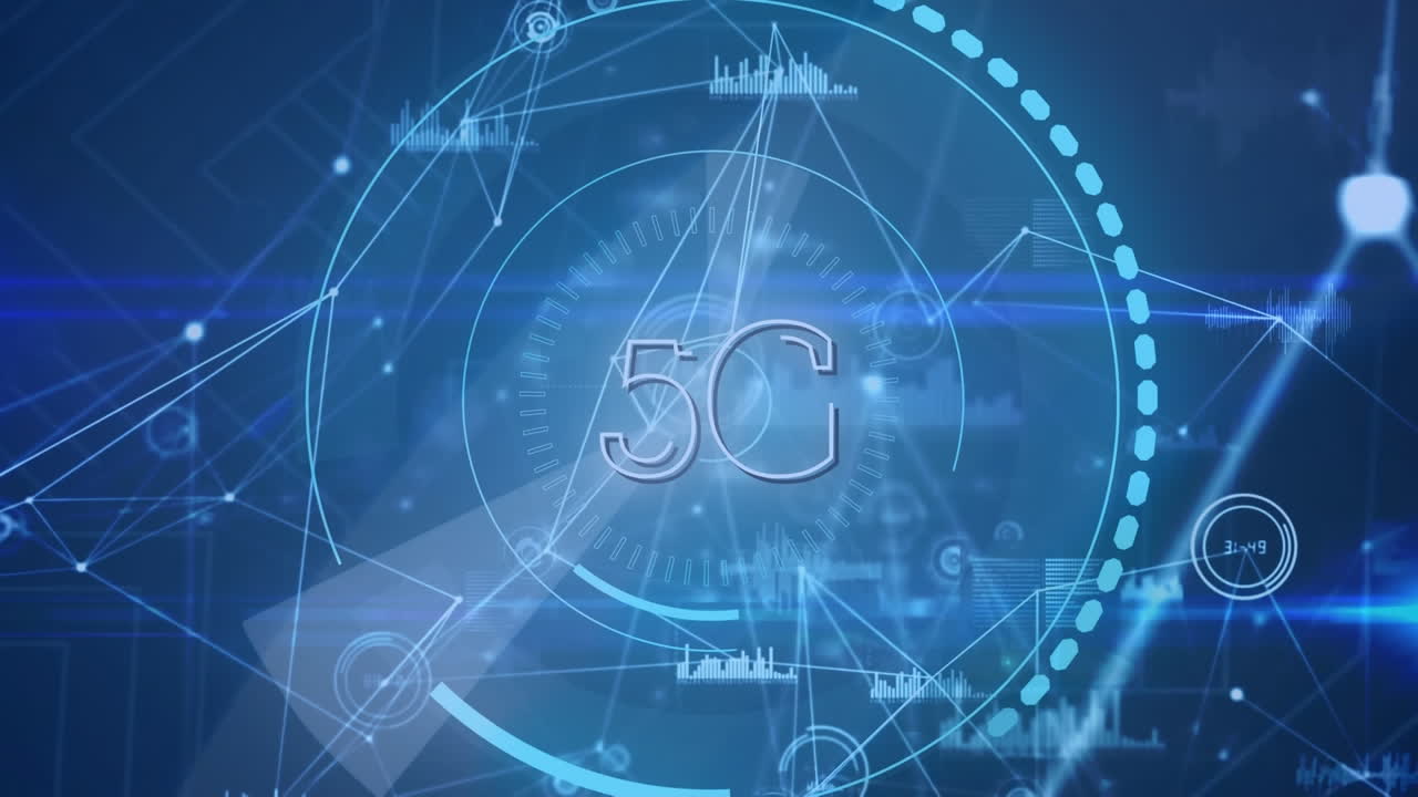 animación de texto 5g en círculos de carga y puntos conectados con iconos gráficos sobre fondo azul