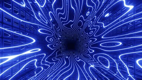 hi-tech neon sci-fi tunel. trendy neon glow lines form pattern and construction in mirror tunnel. curled glow lines. fly through technology cyberspace. 3d looped seamless 4k bright youth background.