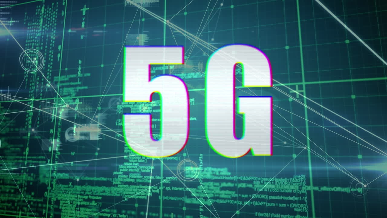 animazione di testo 5g su elaborazione dei dati e reti di connessioni
