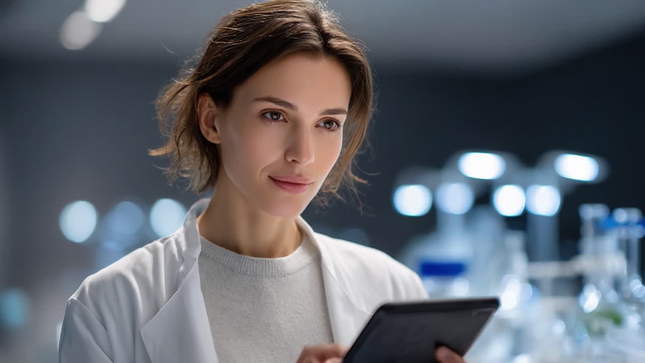 A focused female scientist engages with technology in a modern lab, demonstrating innovation and expertise while working with a tablet to enhance research and analysis