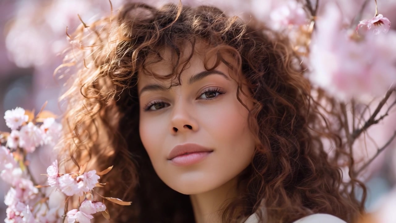 Una giovane donna con i capelli ricci irradia sicurezza, circondata da splendidi fiori di ciliegio rosa in un ambiente naturale sereno, catturata con dettagli mozzafiato.