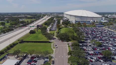 4K-Aerial-Drone-Video-of-Tropicana-Field-and-Full-Parking-Lots-next-to-Interstate-175-in-Downtown-St