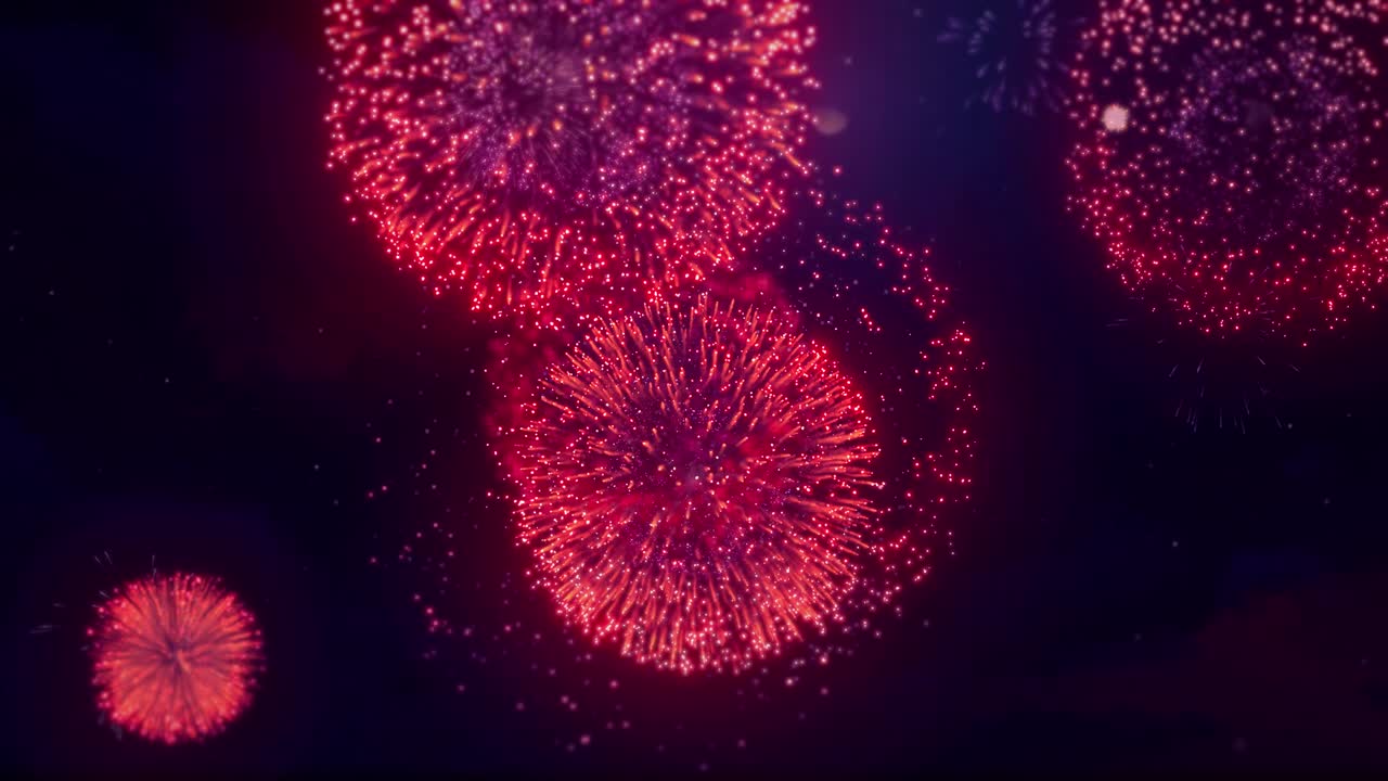 어두운 빨간색 검은 밤 하늘에 크고 작은 불꽃놀이 전시
