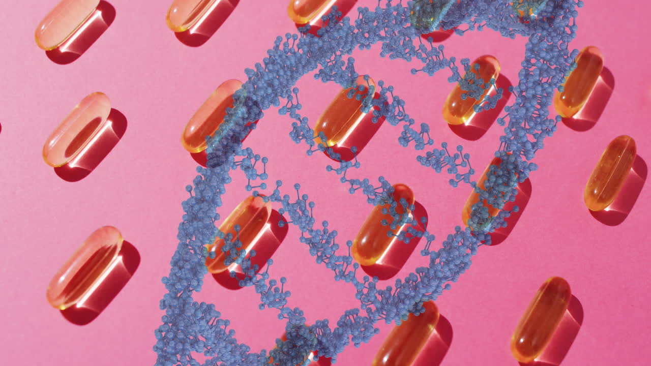 알약 위에 있는 dna 가닥의 애니메이션